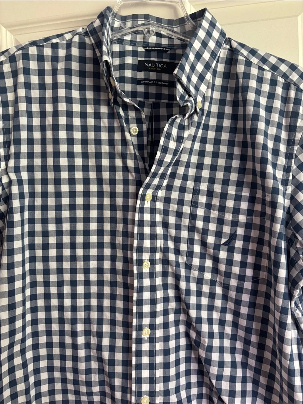 Nautica Men’s Navy and White Gingham Short-Sleeve Button-Down Shirt